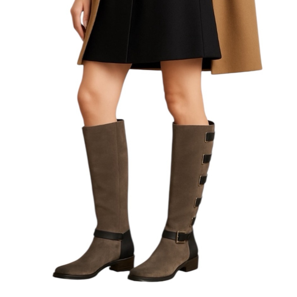 Sole Society Classic Grey Knee High Black Strap Franzie Low Heel Riding Boot